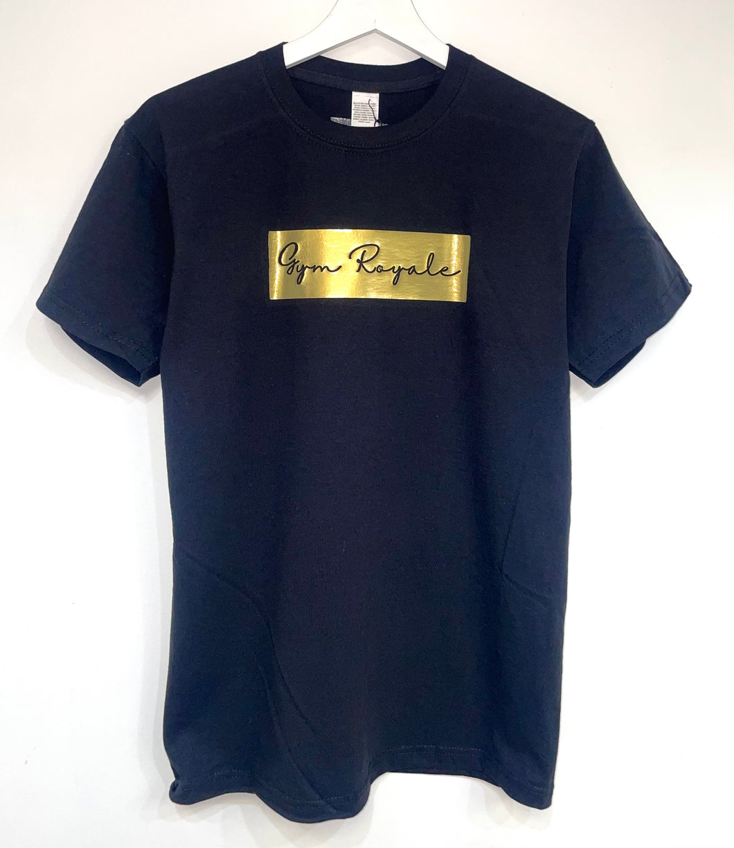 Gym Royale® Black and Gold Vintage Script T-Shirt